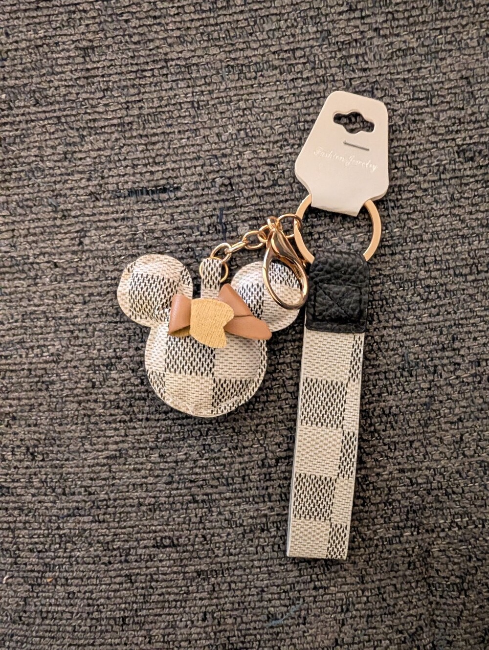 Luxury Checkered Mouse Head Keychain/ Bag charm with Bow - Cream & Black